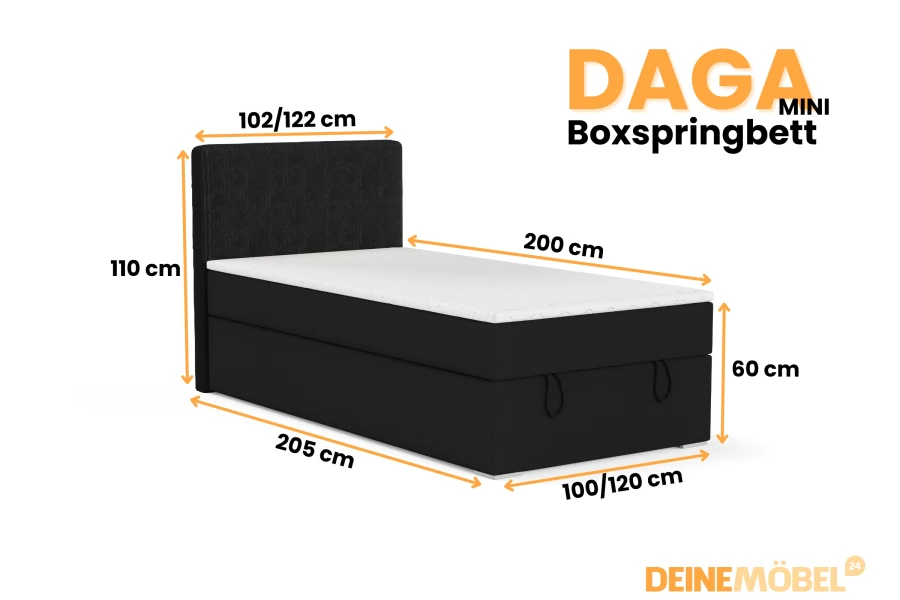 Daga Mini Boxspringbett Maße: Technische Zeichnung mit Abmessungen für verschiedene Größen.