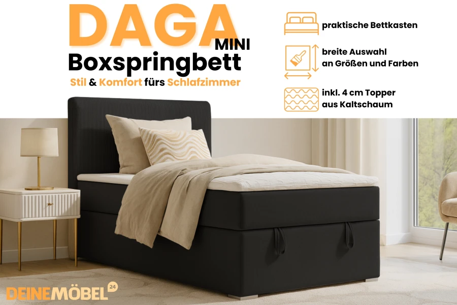 Modernes Boxspringbett Daga Mini in Schwarz mit Kaltschaum-Topper und Bettkasten.