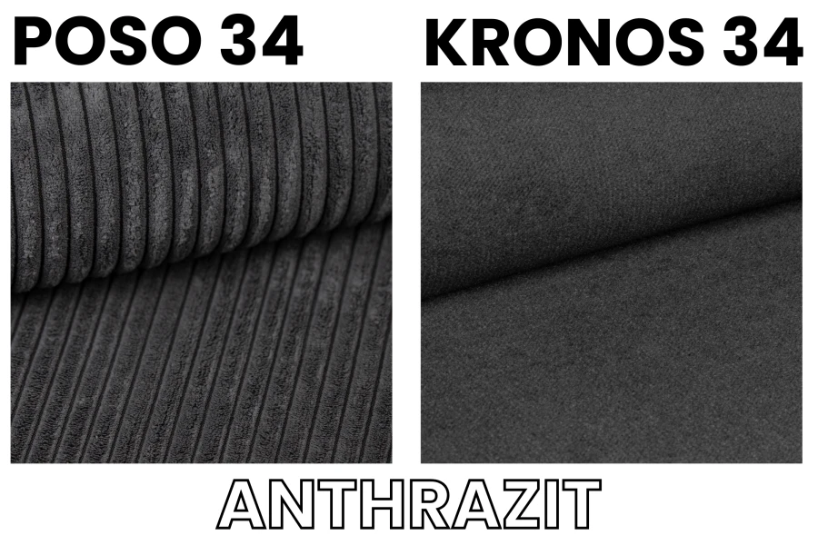 Stoffmuster Poso 34 (Cord) und Kronos 34 (Samt) in Anthrazit für Polstermöbel.