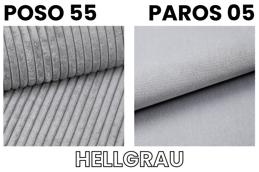 Stoffmuster Hellgrau: Cordstoff Poso 55 und glatter Stoff Paros 05 im Vergleich.