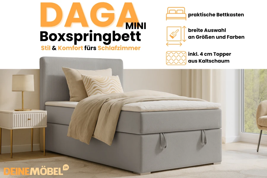 Infografik zum Daga Mini Boxspringbett mit Details zu Bettkasten und Kaltschaum-Topper.
