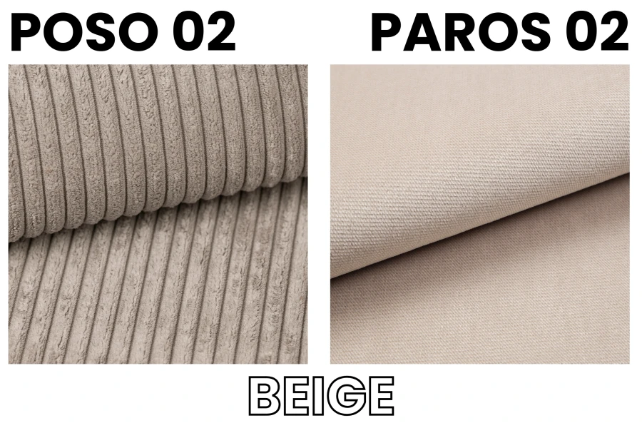 Stoffproben in Beige: POSO 02 Cordstruktur und PAROS 02 glatter Polsterstoff.