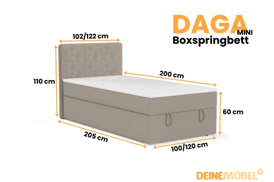 DAGA MINI Boxspringbett Maße: 100/120x200 cm Liegefläche und 110 cm Kopfteilhöhe.