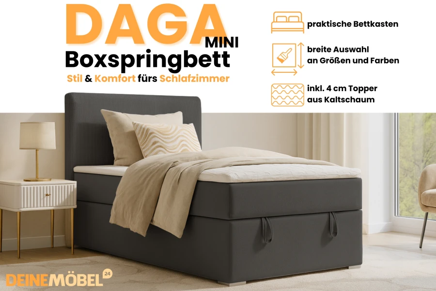 Daga Mini Boxspringbett Werbegrafik mit Details zu Bettkasten, Farbauswahl und Kaltschaum-Topper.