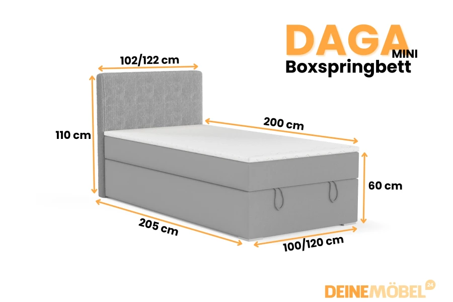 Boxspringbett DAGA MINI in Grau mit Maßen und Bettkasten – perfekt für kleine Räume.