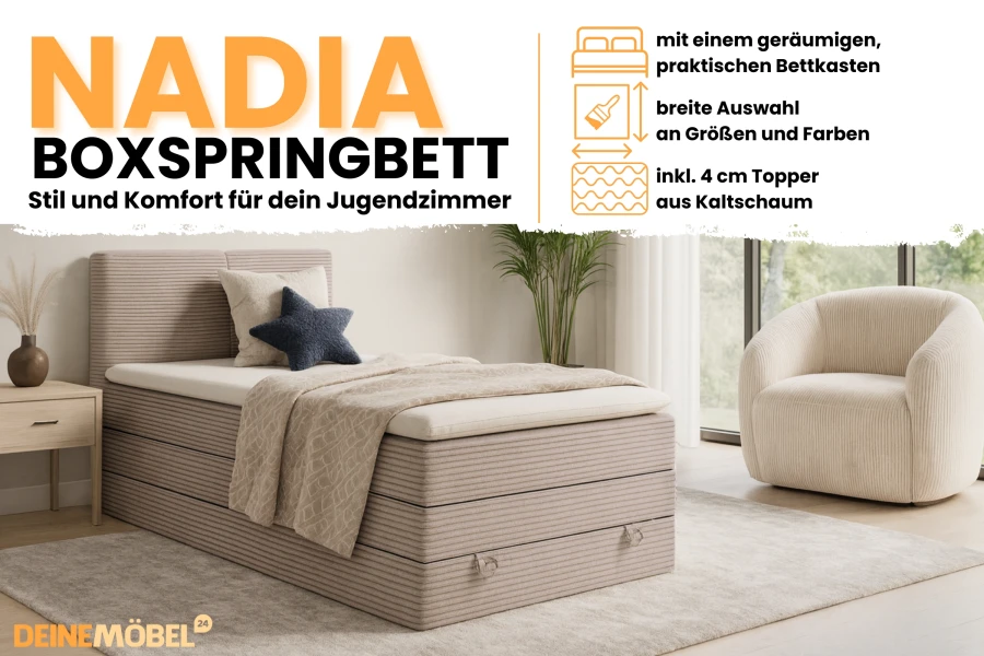 NADIA Boxspringbett Highlights: Großer Bettkasten, Auswahl an Farben und inkl. Kaltschaum-Topper.
