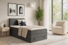 Stylish bedroom with grey corduroy single bed, beige armchair and modern decoration.