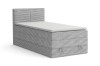 Hellgraues Boxspring-Einzelbett mit Cord-Bezug und weißem Topper auf weißem Grund