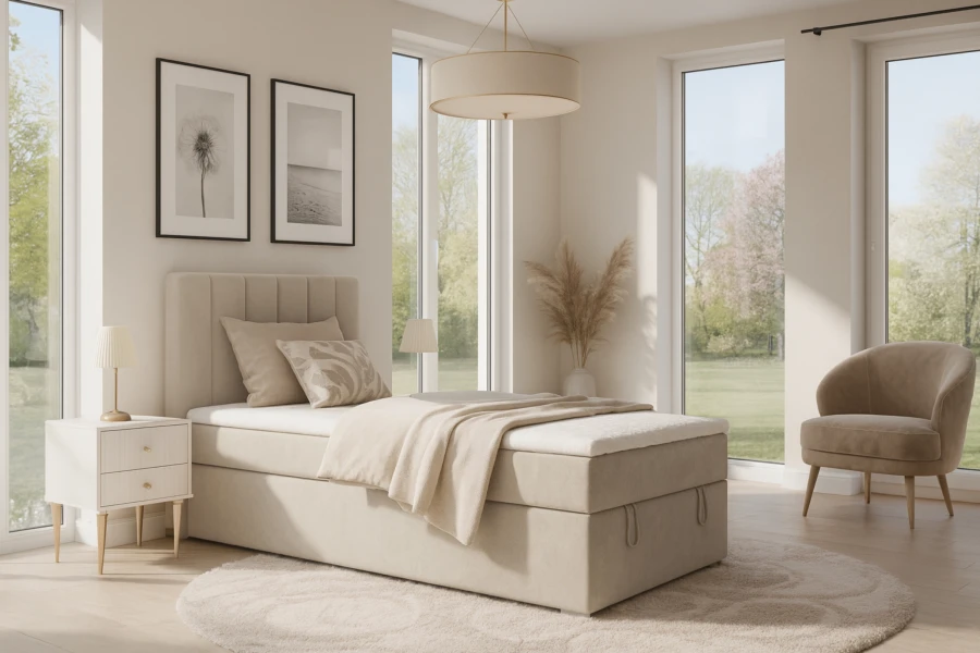 Gemütliches Schlafzimmer-Ambiente mit beigem Polsterbett und moderner Dekoration.