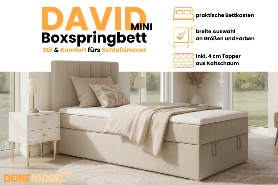 David Mini Boxspringbett in Beige mit Bettkasten und Kaltschaum-Topper für das Schlafzimmer.