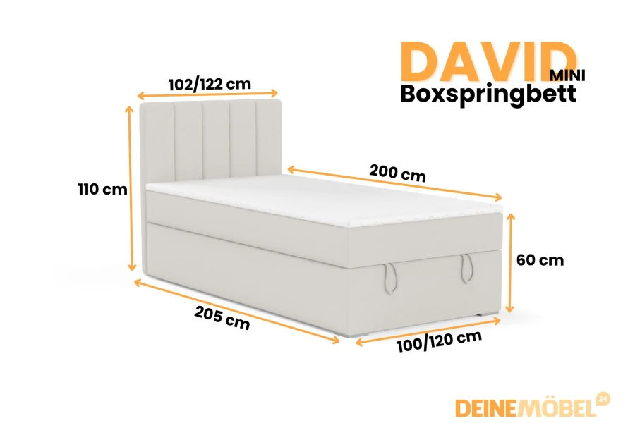 Abmessungen des David Mini Boxspringbetts mit verschiedenen Größenoptionen und Höhenangaben.