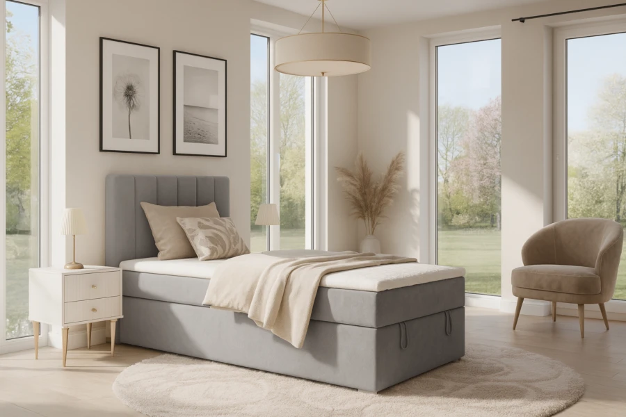 Modernes graues Boxspringbett in hellem Schlafzimmer mit Nachttisch.
