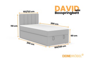 DAVID MINI 100x200 Paros 5 Hellgrau Boxspringbett mit Bettkasten und einer durchgehenden Matratze Deine Möbel