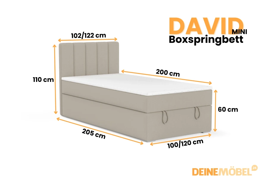 Maßgrafik für das David Mini Boxspringbett mit Angaben zu Höhe, Breite und Liegefläche.