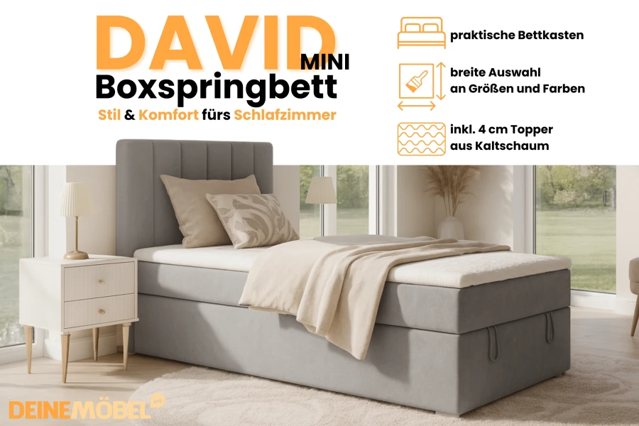 Boxspringbett David Mini in Hellgrau mit Bettkasten und Topper im Schlafzimmer.