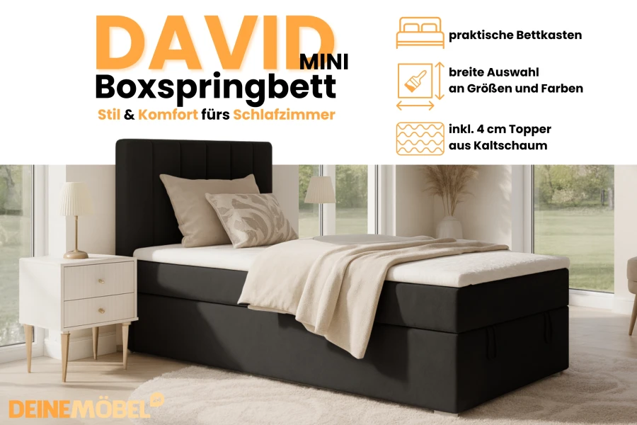 Infografik David Mini Boxspringbett mit Bettkasten und Kaltschaum-Topper.