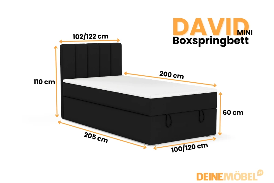 Maße David Mini Boxspringbett in Schwarz: Liegefläche 100/120x200 cm, Gesamthöhe 110 cm.