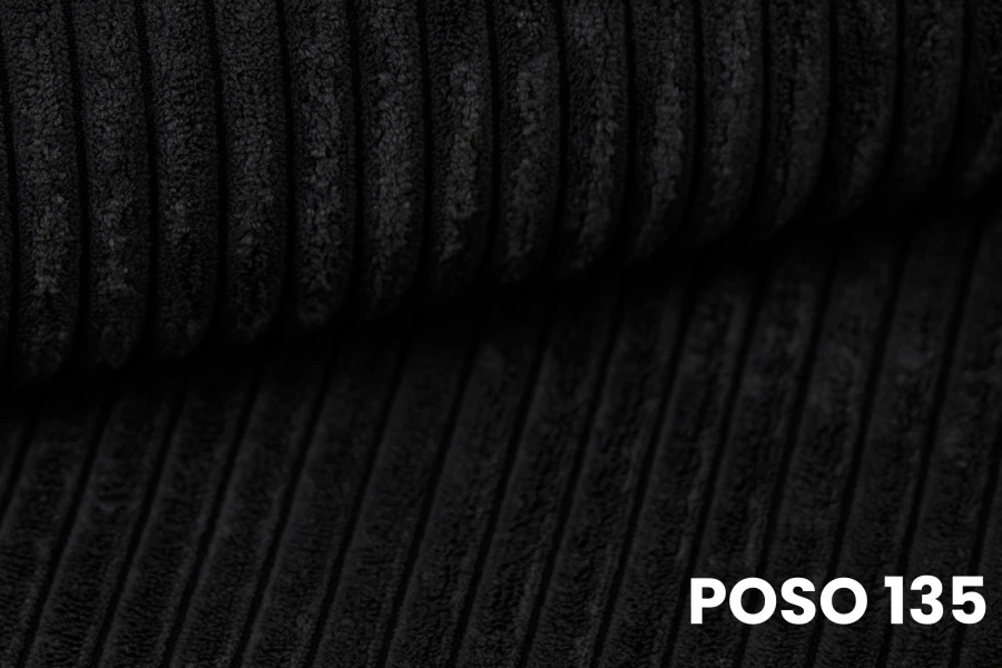 Nahaufnahme von schwarzem Cordstoff Poso 135 mit Rippenstruktur.