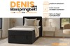 Schwarzes Boxspringbett Denis Mini mit Bettkasten und Topper im Schlafzimmer.