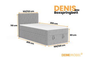 DENIS MINI 120x200 Cord Poso 55 Hellgrau Boxspringbett mit Bettkasten und einer durchgehenden Matratze Deine Möbel