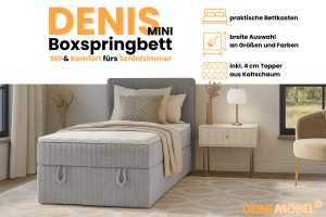 DENIS MINI 120x200 Cord Poso 55 Hellgrau Boxspringbett mit Bettkasten und einer durchgehenden Matratze Deine Möbel