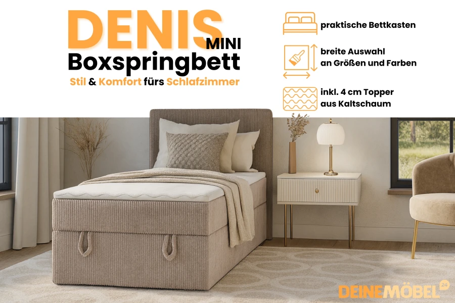 Denis Mini Boxspringbett in Beige mit Bettkasten und 4 cm Topper für maximalen Schlafkomfort.