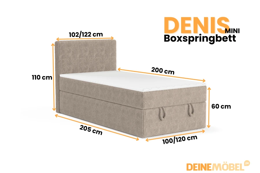 Maßangaben und Abmessungen für das Denis Mini Boxspringbett: Breite, Höhe und Tiefe auf einen Blick.