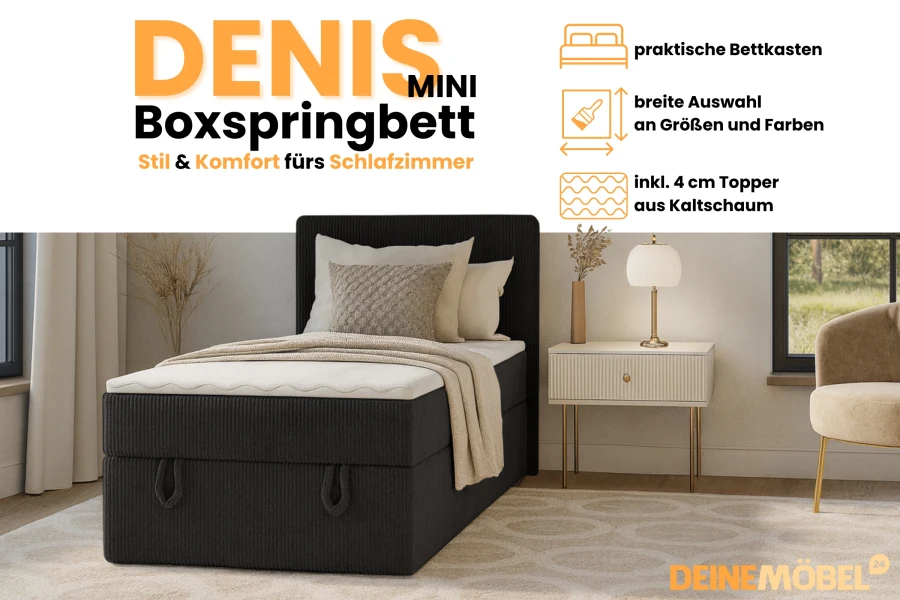 Boxspringbett Denis Mini in Schwarz mit Bettkasten und Topper in modernem Schlafzimmer.