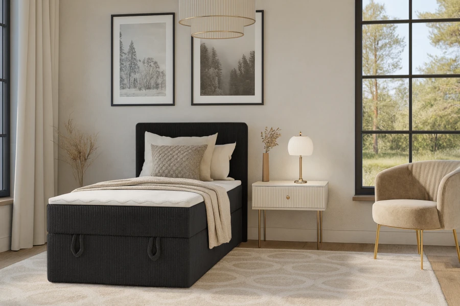 Elegantes Denis Mini Boxspringbett in schwarzem Cord-Design in einem modernen Schlafzimmer.