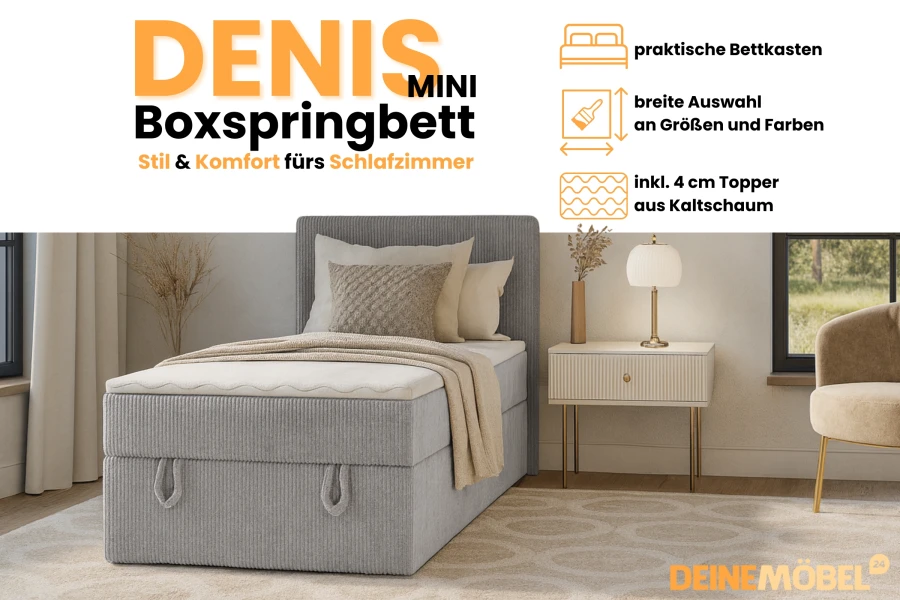 Denis Mini Boxspringbett im Schlafzimmer: Graues Einzelbett mit Topper für hohen Liegekomfort.