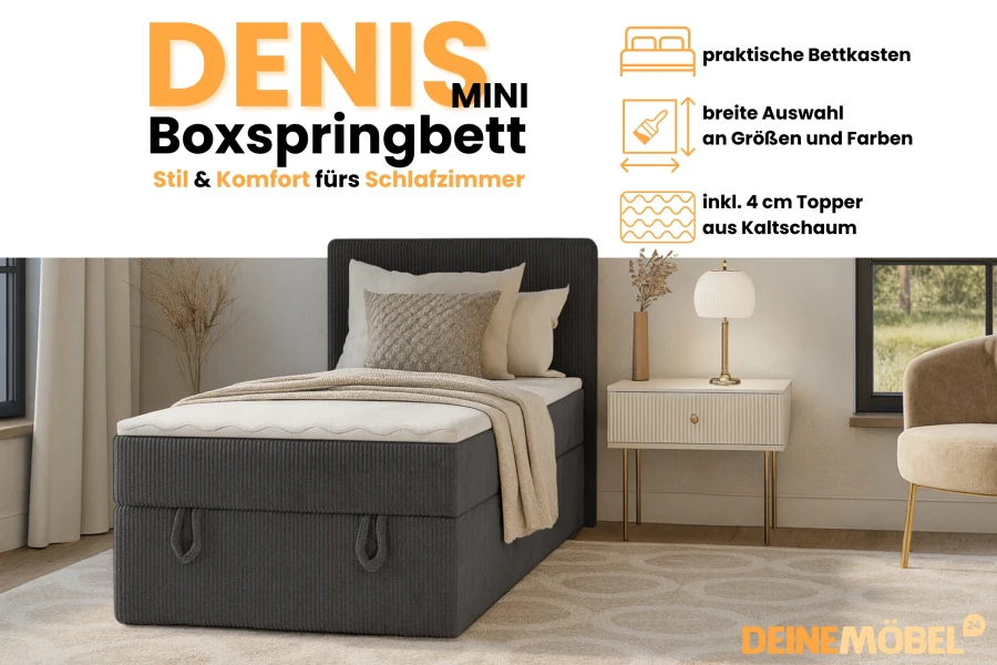 Denis Mini Boxspringbett Banner mit Highlights: praktischer Bettkasten, Farbauswahl und Kaltschaum-Topper.