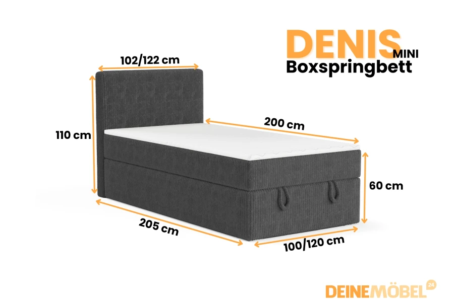 Maße und Abmessungen für das Boxspringbett Denis Mini: 100/120 cm Breite und 200 cm Länge.