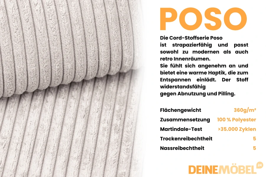 Detailansicht und technische Daten des Poso Cord-Stoffs für langlebige Möbelbezüge.