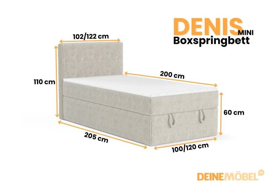 Maßgrafik für Denis Mini Boxspringbett mit Details zu Höhe, Breite und Länge.