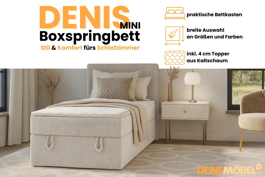 Stilvolles Denis Mini Boxspringbett im Schlafzimmer mit Info zu Topper und Stauraum.