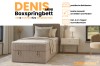 Werbegrafik für das Denis Mini Boxspringbett mit Highlights wie Bettkasten und Kaltschaum-Topper.