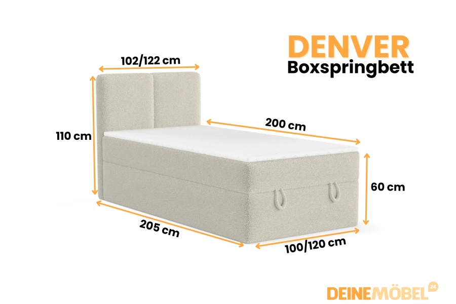 Abmessungen des Denver Boxspringbetts mit Höhen- und Breitenangaben.