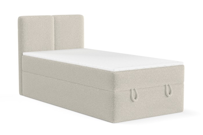 Modernes Einzel-Boxspringbett in Beige aus Bouclé-Stoff mit integriertem Bettkasten auf weißem Hintergrund.