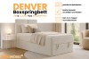 Werbegrafik Denver Boxspringbett: Details zu Bettkasten, Farbauswahl und inklusivem Kaltschaum-Topper.