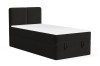 Modernes Boxspring-Einzelbett in Schwarz mit Bouclé-Bezug.