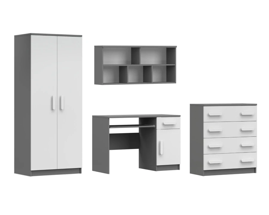 4-teiliges Jugendzimmer Möbelset in Grau-Weiß bestehend aus Schrank, Regal, Tisch und Kommode.