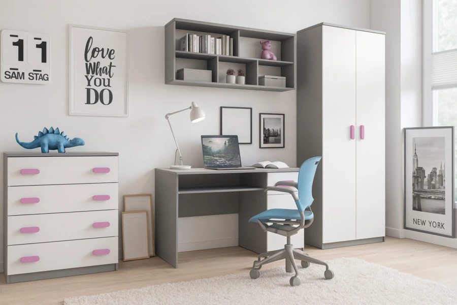 Modernes Kinderzimmer-Set in Grau und Weiß mit pinken Akzenten, Schreibtisch und Kleiderschrank.