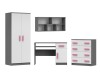 4-teiliges Jugendzimmer Möbelset in Grau-Weiß mit pinken Griffen: Schrank, Kommode, Schreibtisch, Regal.