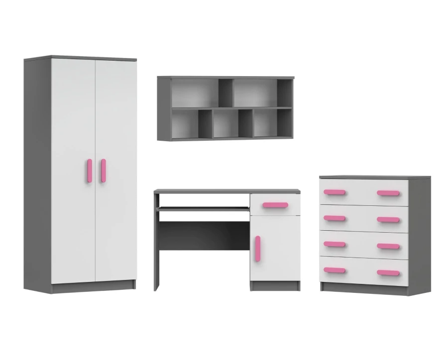 4-teiliges Jugendzimmer Möbelset in Grau-Weiß mit pinken Griffen: Schrank, Kommode, Schreibtisch, Regal.
