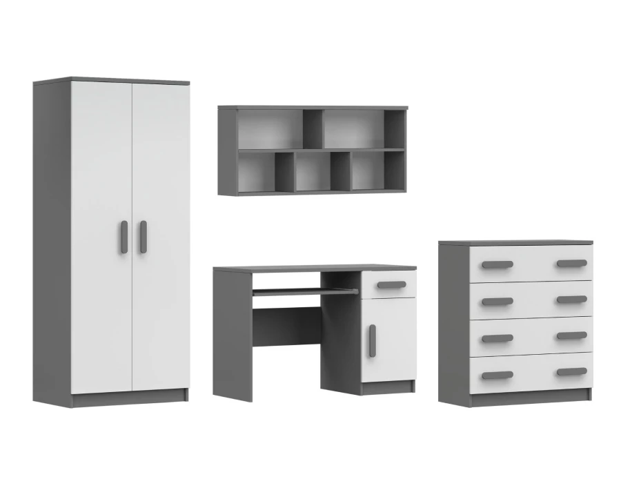 Modernes Jugendzimmer-Set Inge in Grau-Weiß: Schrank, Schreibtisch, Kommode und Regal.
