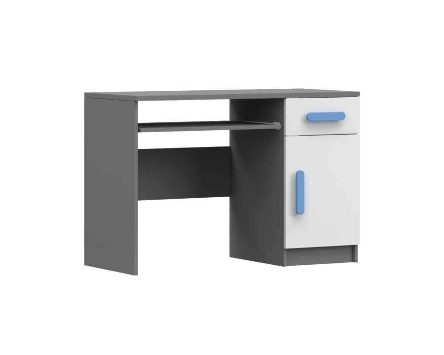 Schreibtisch in Grau und Weiß mit blauen Griffen, Schublade und Tastaturauszug.