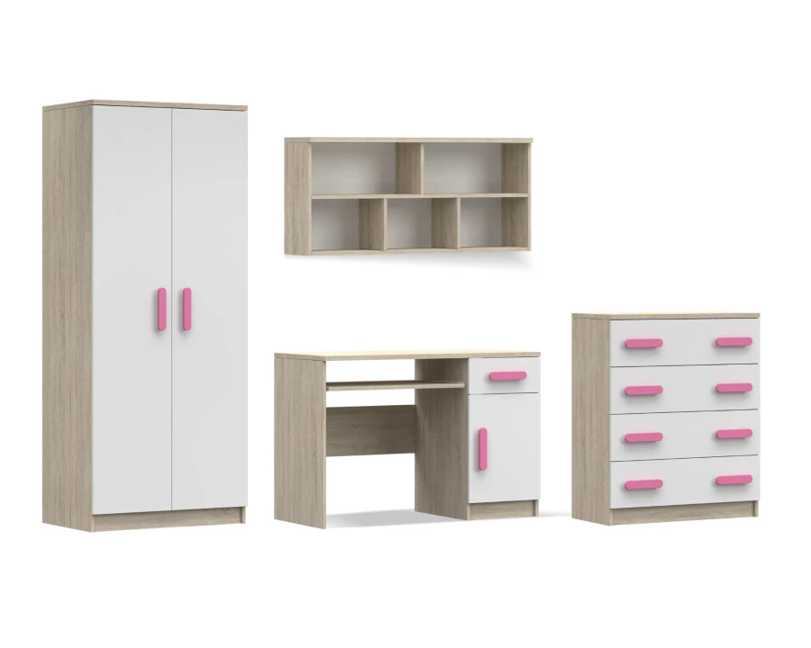 Modernes Jugendzimmer-Set in Sonoma-Eiche und Weiß mit pinkfarbenen Griffen.