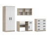 4-teiliges Jugendzimmer-Set in Eiche-Optik und Weiß mit Kleiderschrank, Schreibtisch, Kommode und Wandregal.