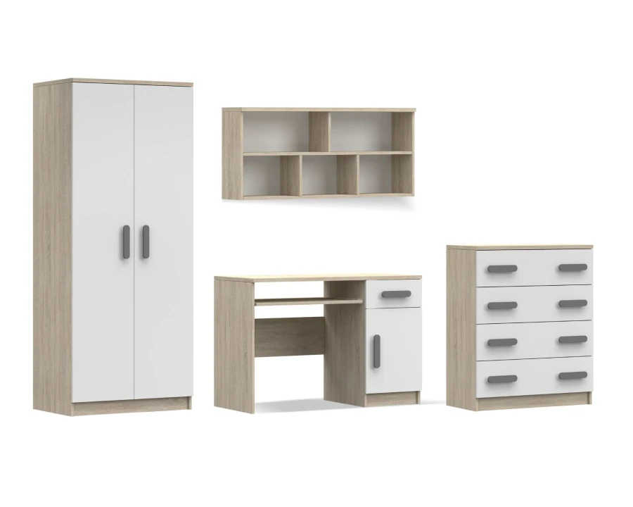 4-teiliges Jugendzimmer-Set in Eiche-Optik und Weiß mit Kleiderschrank, Schreibtisch, Kommode und Wandregal.