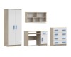 Kinderzimmer-Möbelset mit blauen Griffen, bestehend aus Schrank, Schreibtisch, Kommode und Wandboard.
